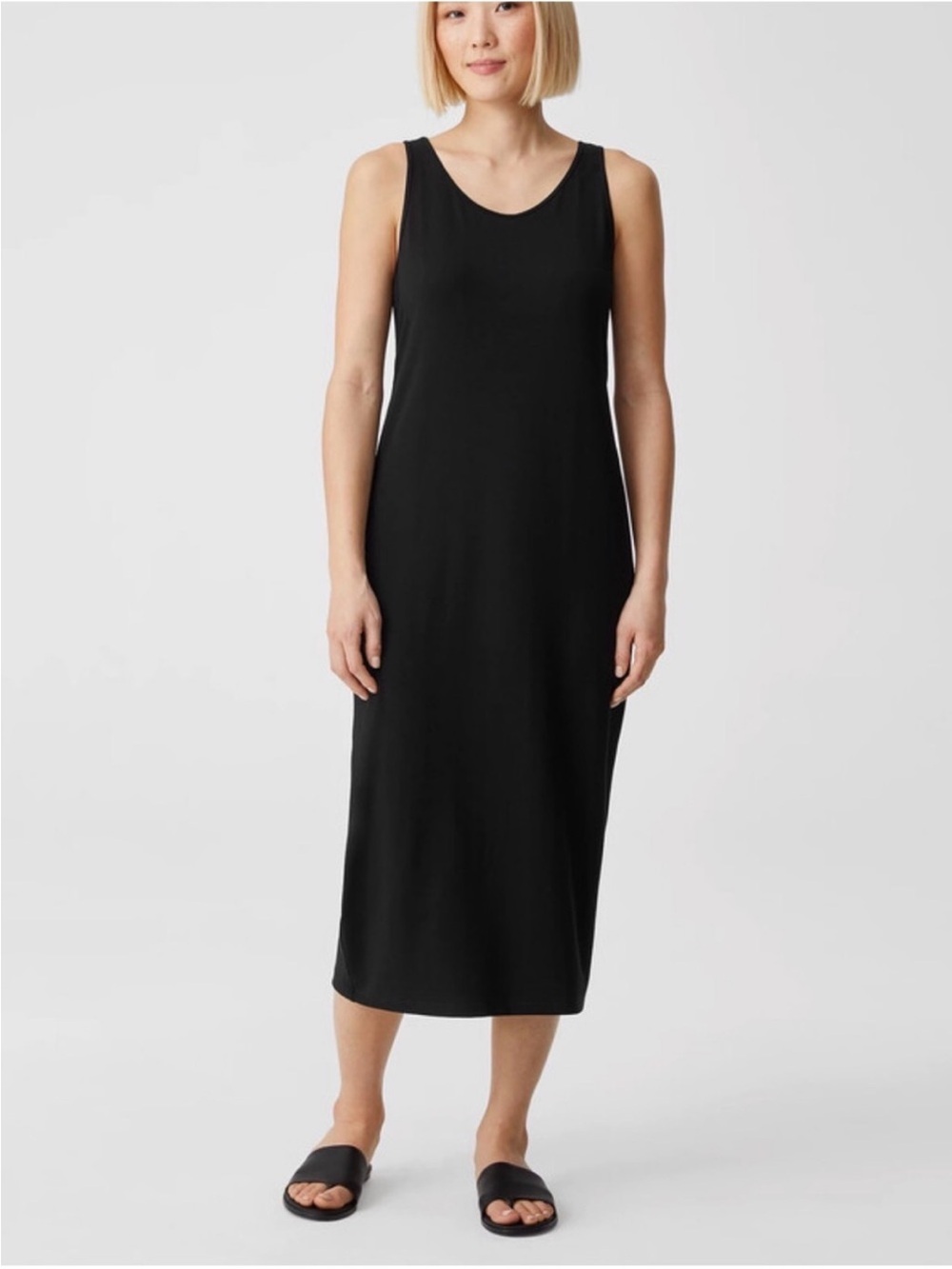 Eileen Fisher System Viscose Jersey Tank Classic Black Sleeveless Dress M